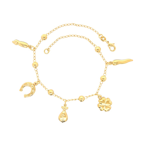 Introducing the Mega Lucky Charm Anklet Bracelet, crafted with 14k gold-filled material. This anklet features a variety of symbolic charms such as a figa hand, horseshoe, money bag, clover, and lucky chili for spiritual protection. It is designed with a delicate chain adorned with small gold beads and secured by a reliable lobster clasp closure.